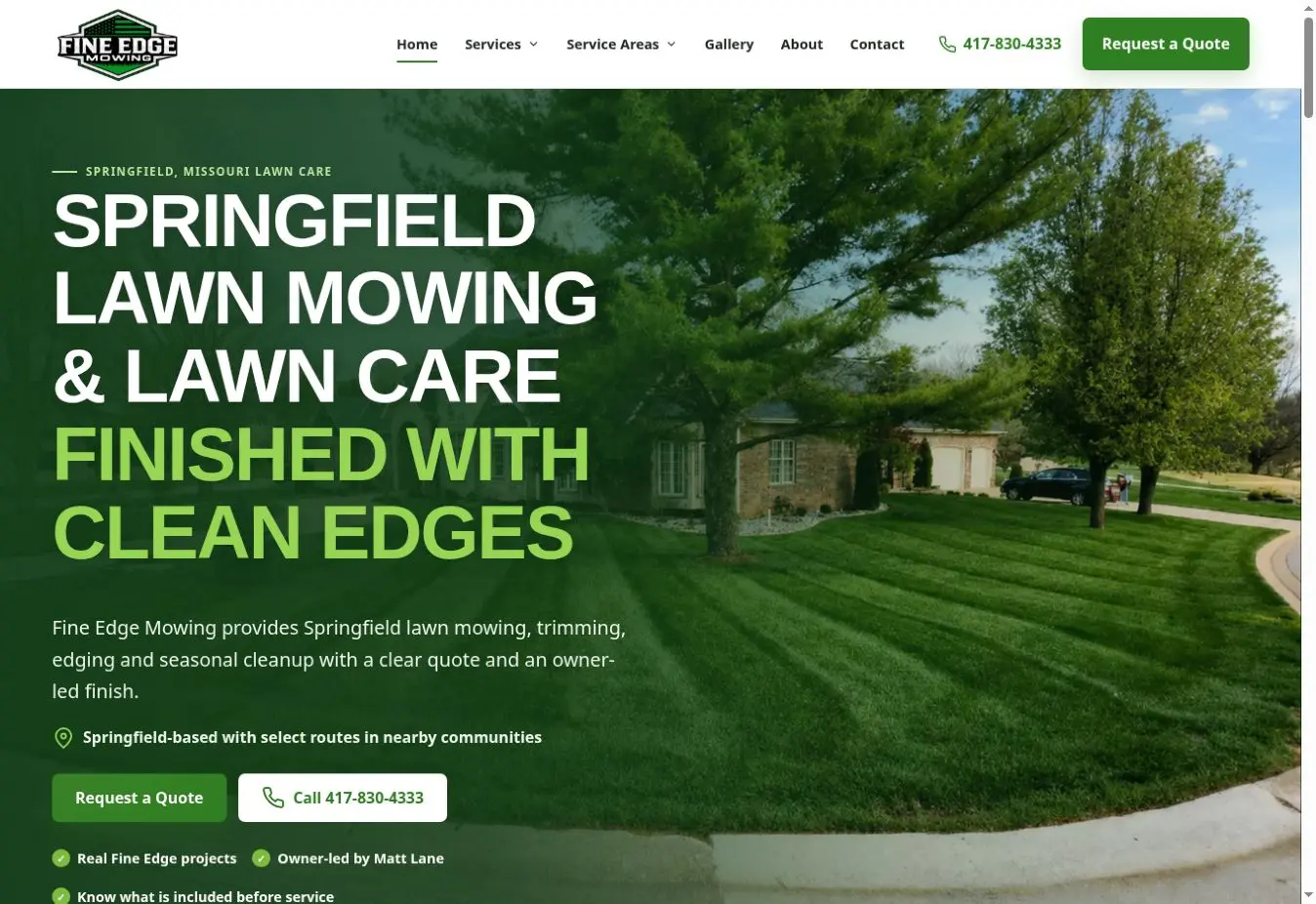 Fine Edge Mowing Springfield lawn care website homepage